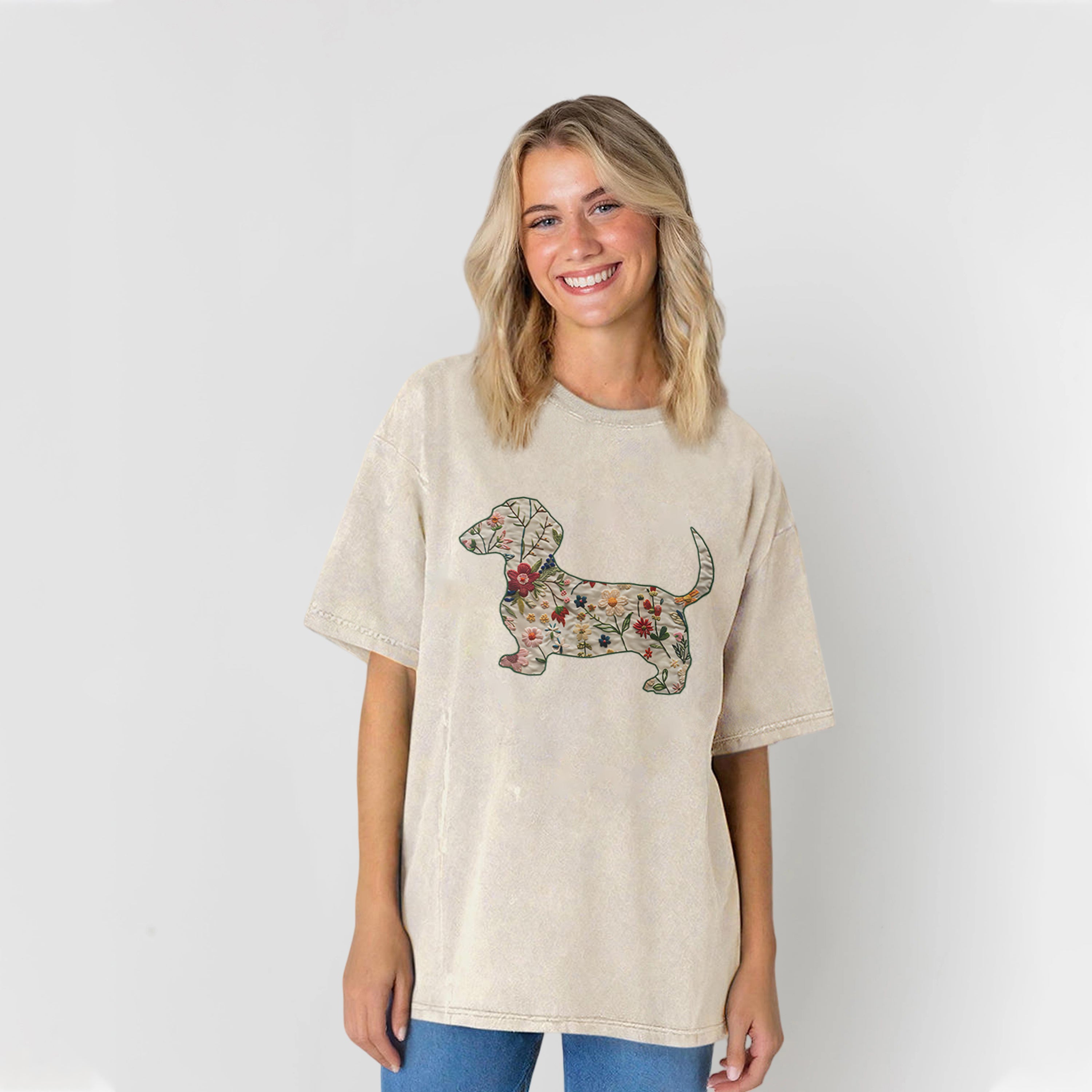 Floral Dachshund Washed Unisex Tee