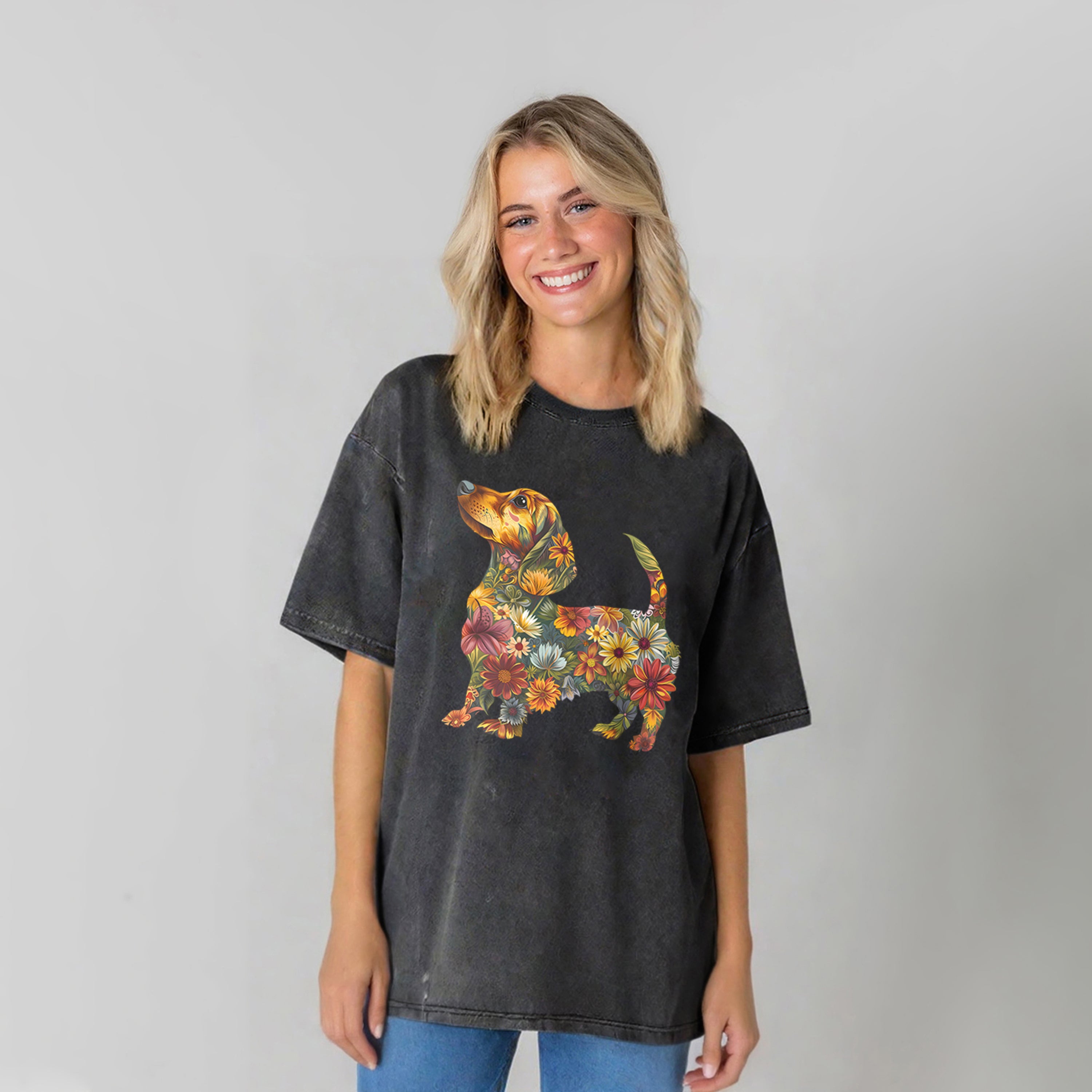 Floral Dachshund Washed Unisex Tee