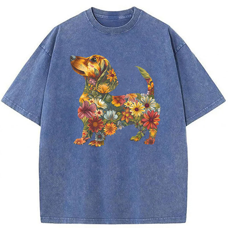 Floral Dachshund Washed Unisex Tee