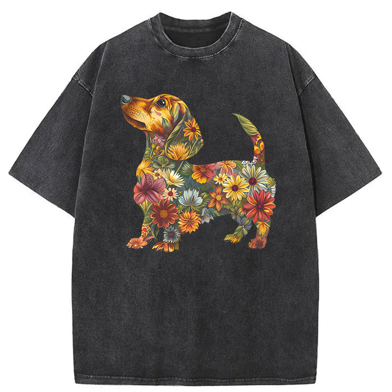 Floral Dachshund Washed Unisex Tee