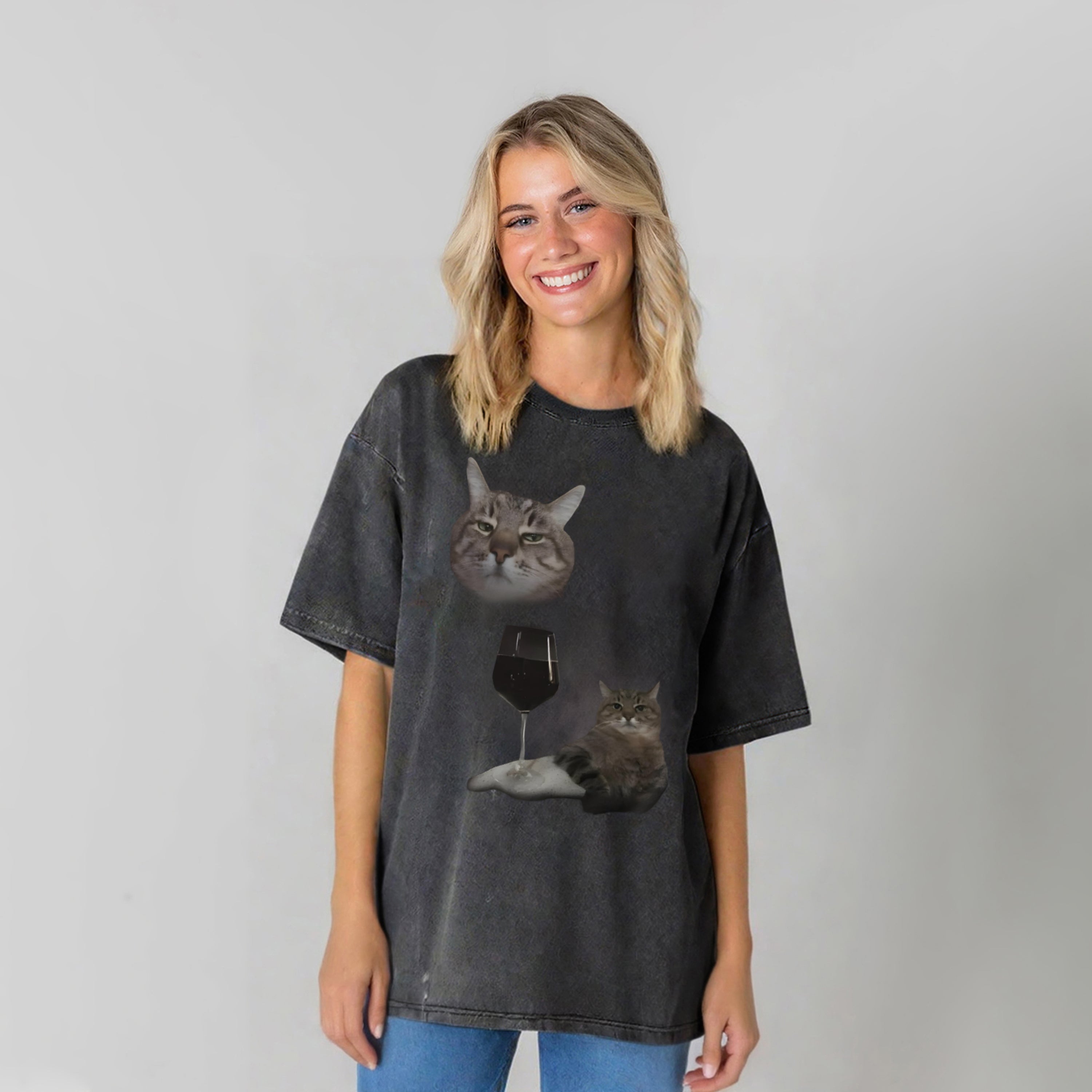Funny Wine Cat Dank Meme Washed Unisex Tee