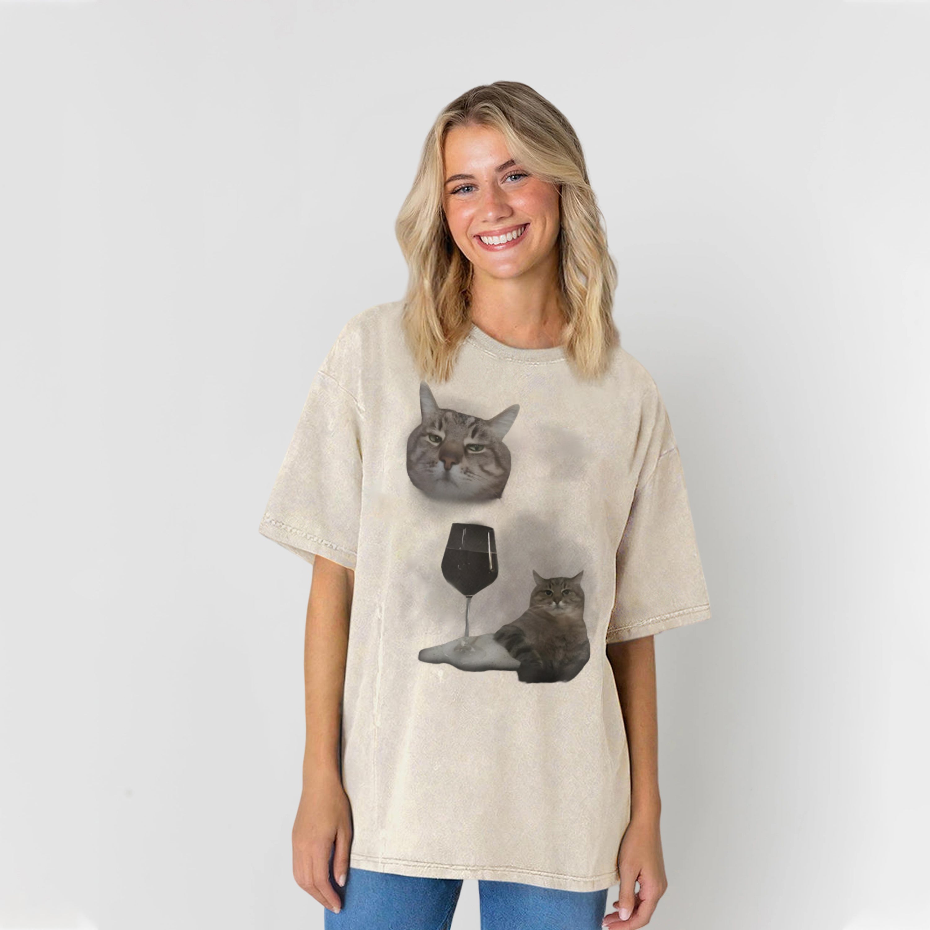 Funny Wine Cat Dank Meme Washed Unisex Tee