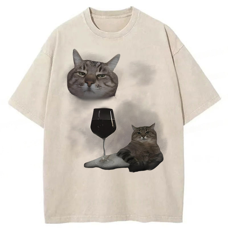 Funny Wine Cat Dank Meme Washed Unisex Tee