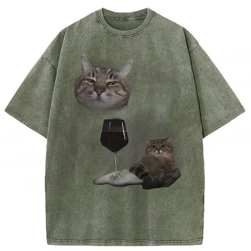 Funny Wine Cat Dank Meme Washed Unisex Tee