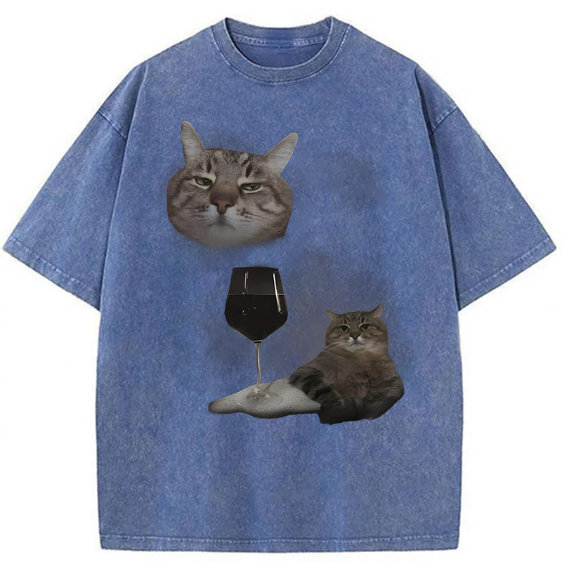 Funny Wine Cat Dank Meme Washed Unisex Tee