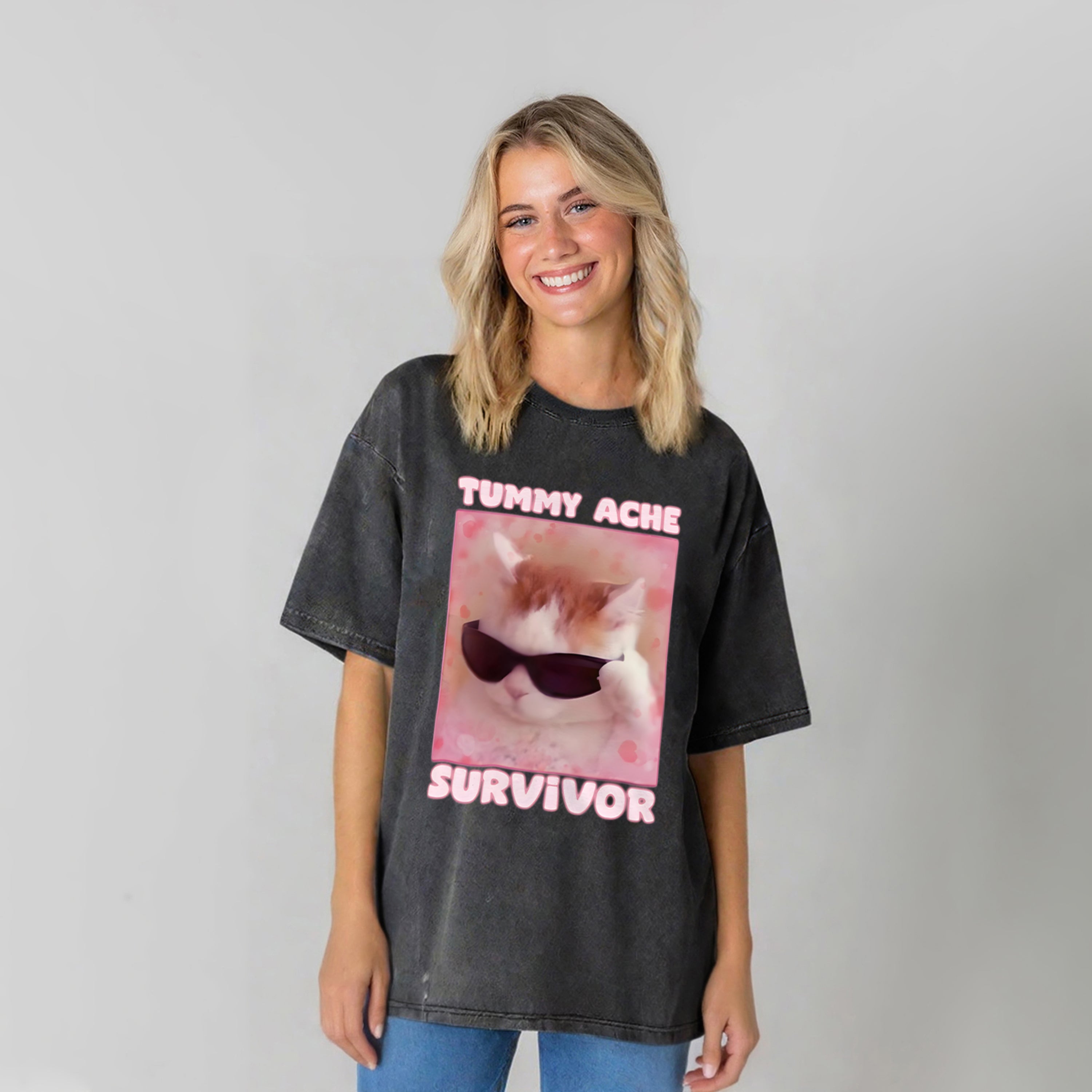 Tummy Ache Survivor Funny Cat Meme Washed Unisex Tee