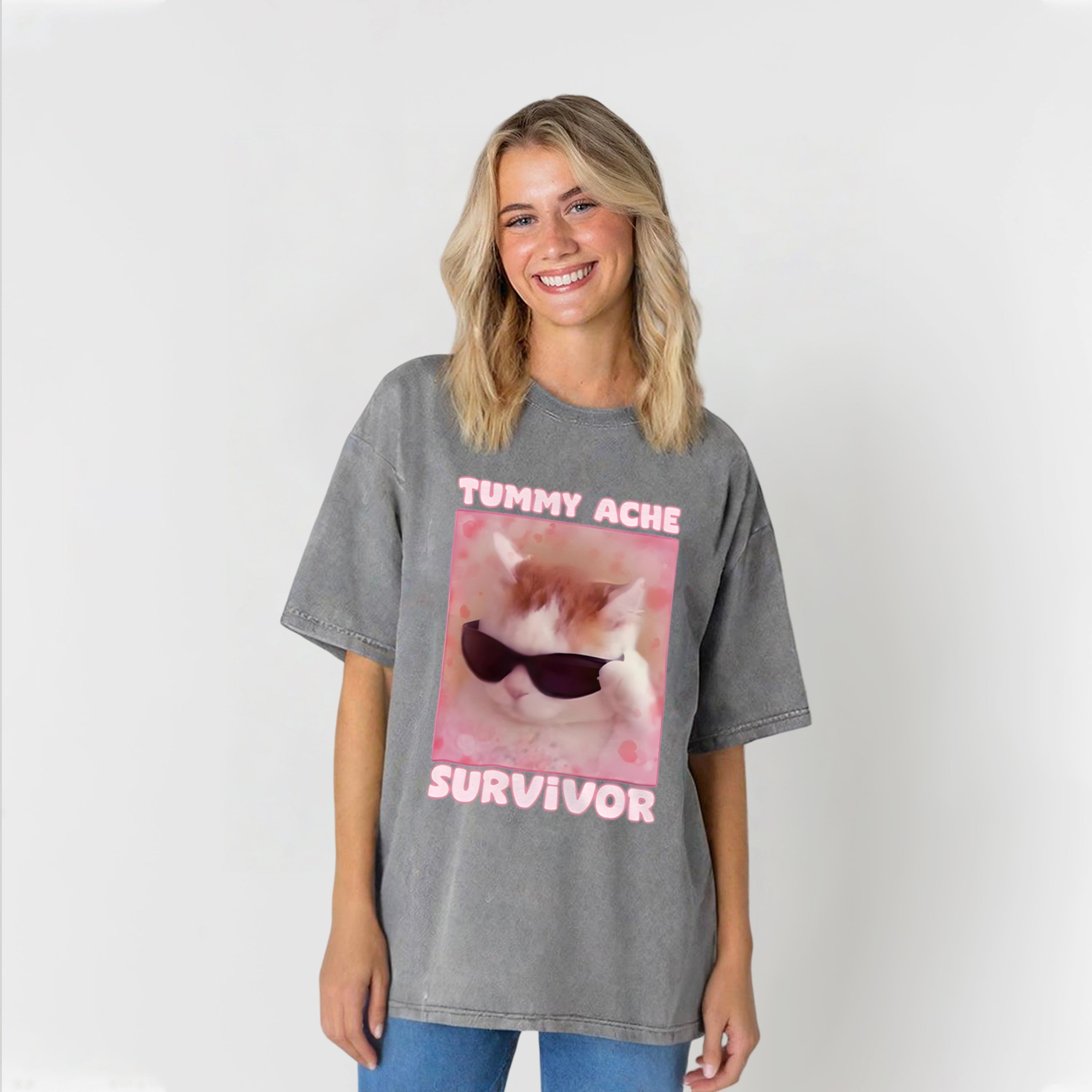 Tummy Ache Survivor Funny Cat Meme Washed Unisex Tee