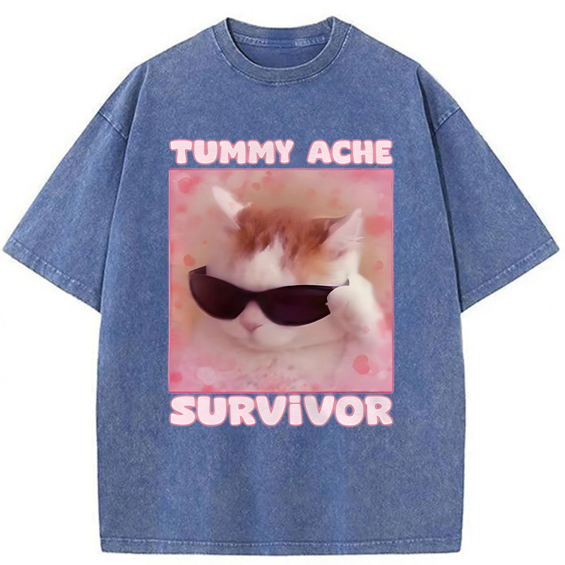Tummy Ache Survivor Funny Cat Meme Washed Unisex Tee