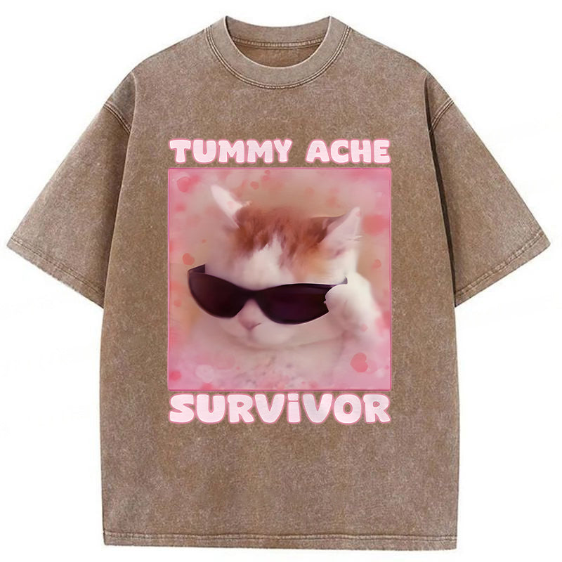 Tummy Ache Survivor Funny Cat Meme Washed Unisex Tee