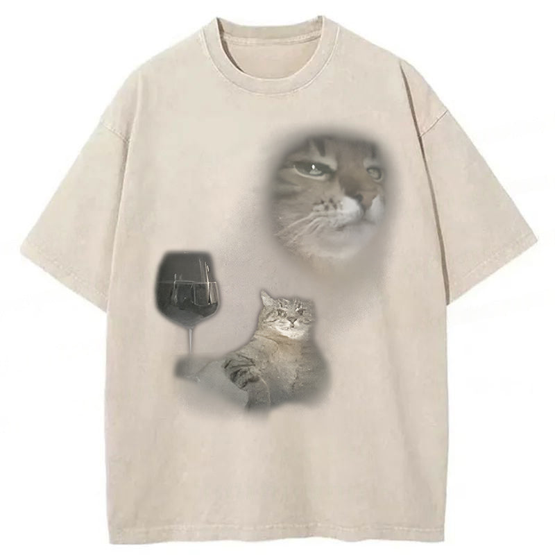 Funny Cat Drinking Wine Graphic Washed Unisex Tee
