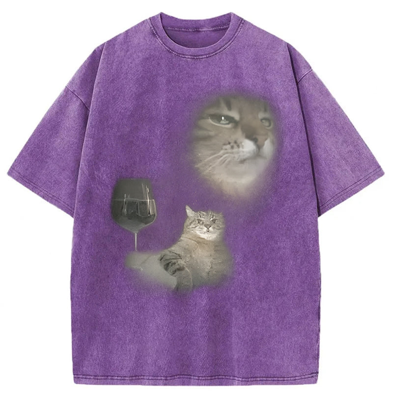 Funny Cat Drinking Wine Graphic Washed Unisex Tee