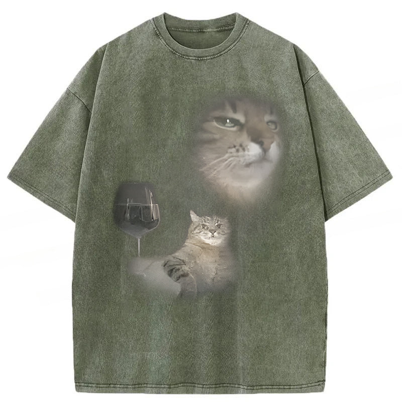 Funny Cat Drinking Wine Graphic Washed Unisex Tee