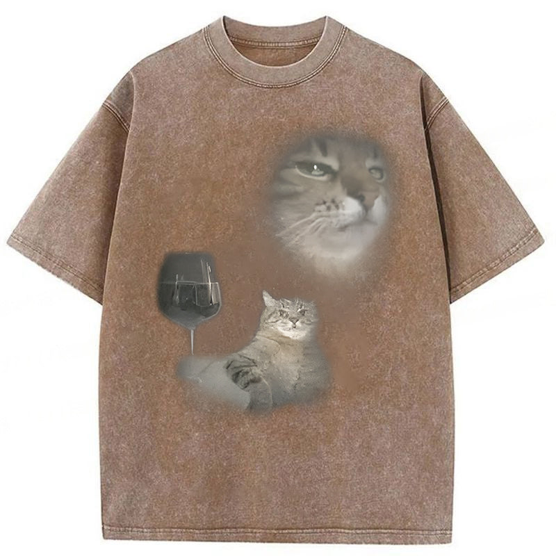 Funny Cat Drinking Wine Graphic Washed Unisex Tee