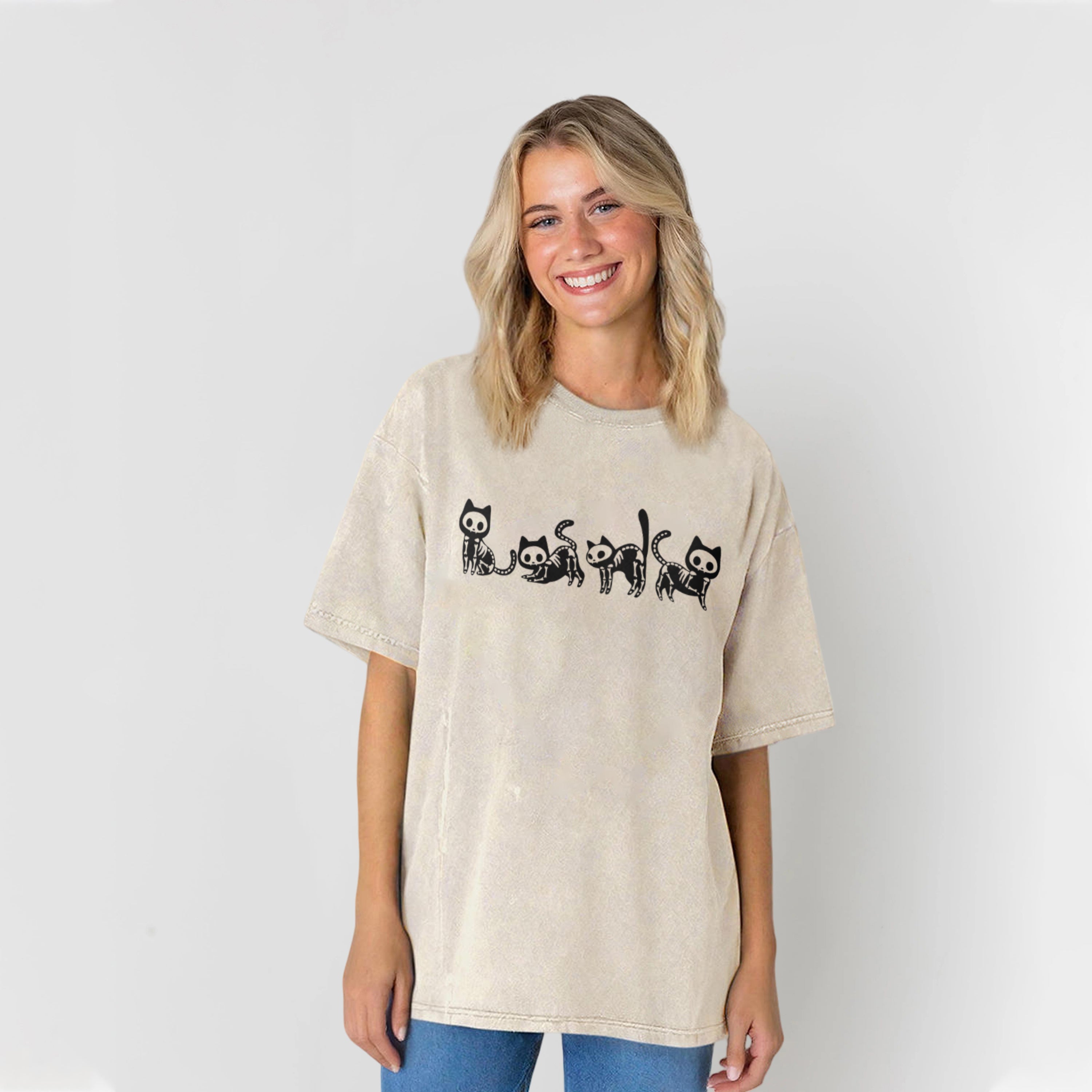 Halloween Skeleton Cat Washed Unisex Tee