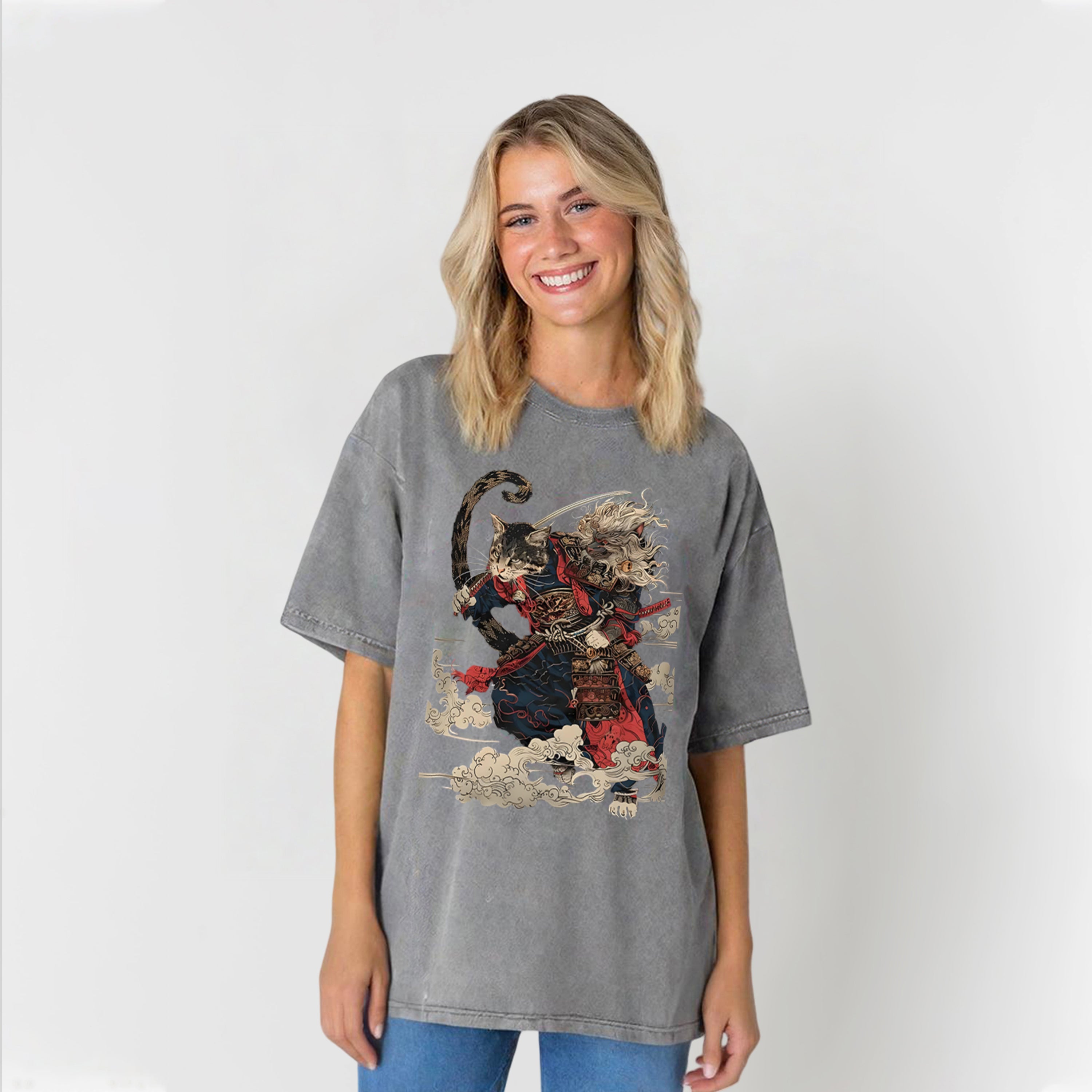 Cat Samurai Washed Unisex Tee
