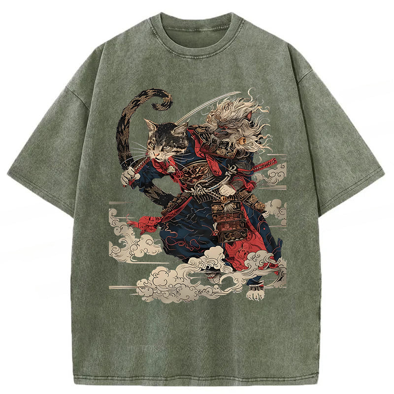 Cat Samurai Washed Unisex Tee