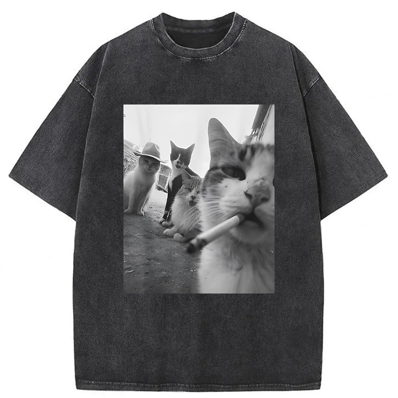 Cigarette Kitten Smoking Cat Washed Unisex Tee