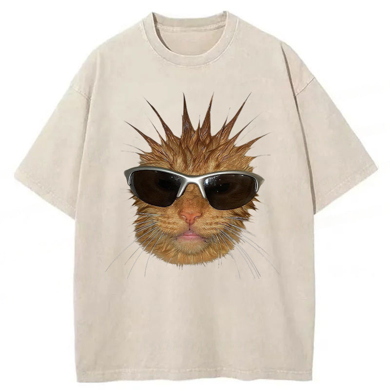 Funny Cat With Spiky Hair Washed Unisex Tee