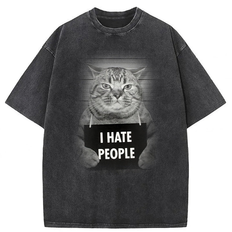 I Hate People Funny Cat Washed Unisex Tee