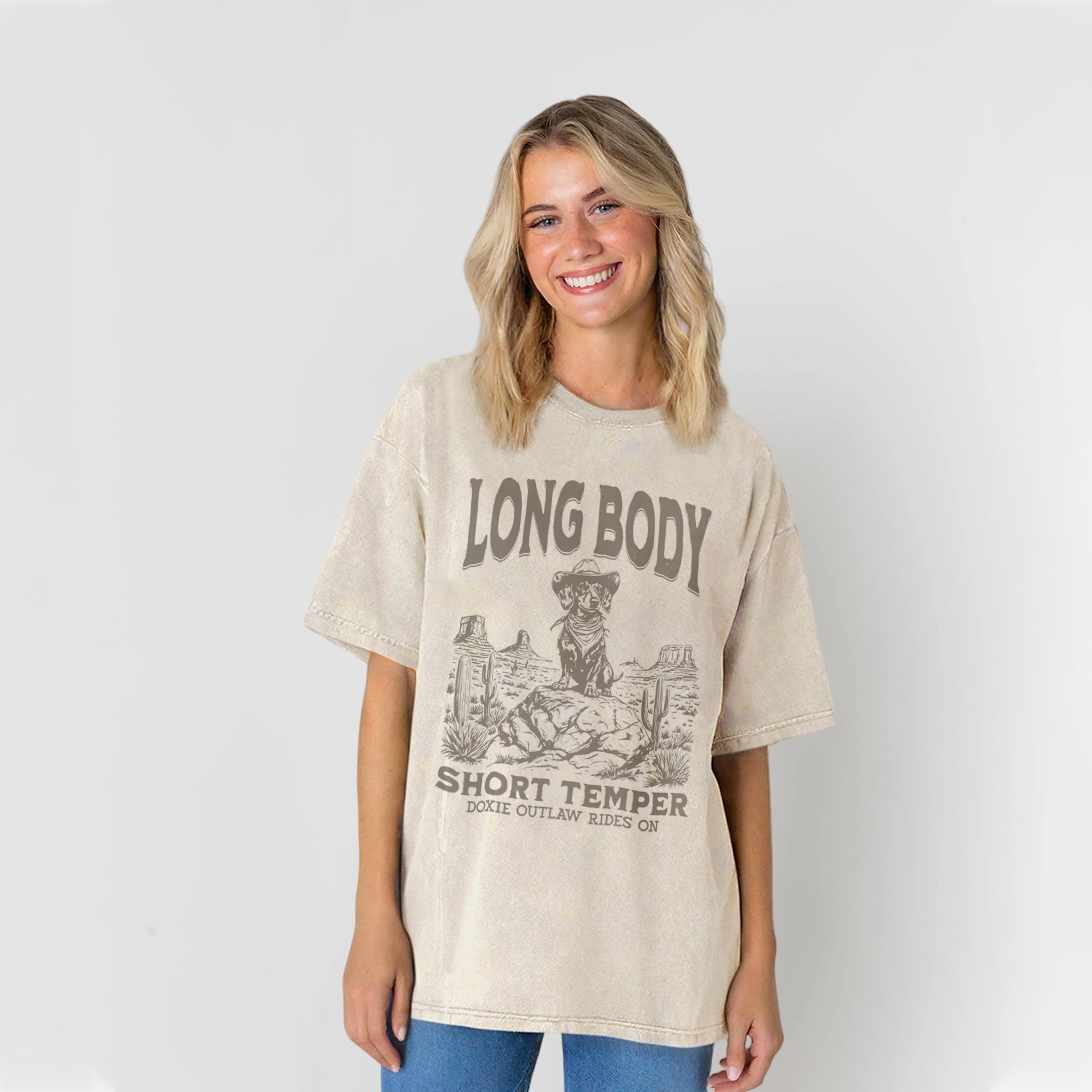 Long Body Short Temper Funny Dachshund Cowboy Washed Unisex Tee
