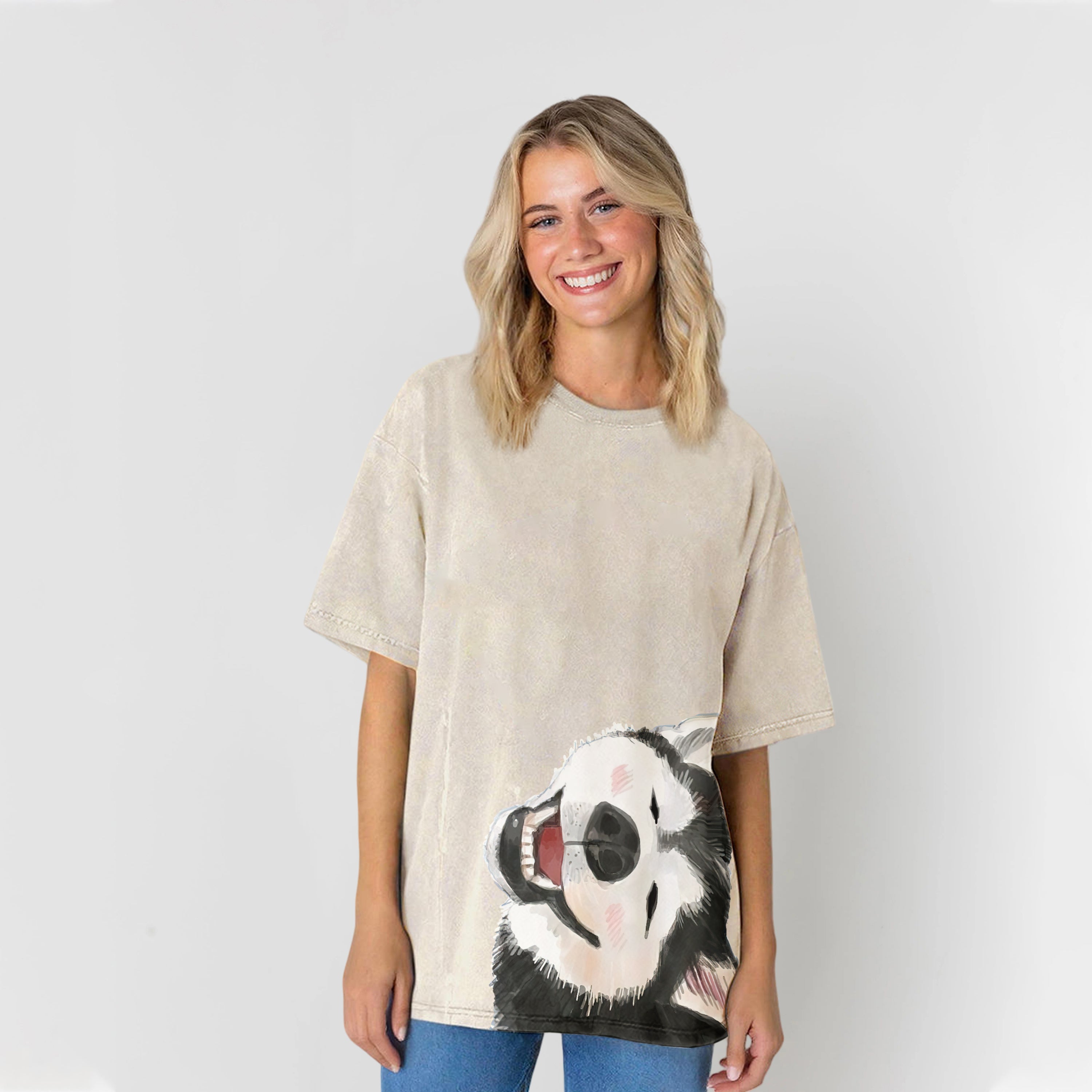 Funny Husky Drawing Washed Unisex Tee