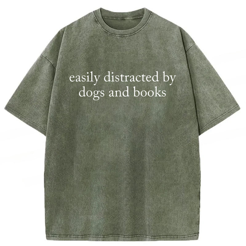 Easily Distracted By Dogs And Books Washed Unisex Tee