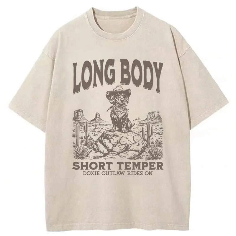 Long Body Short Temper Funny Dachshund Cowboy Washed Unisex Tee