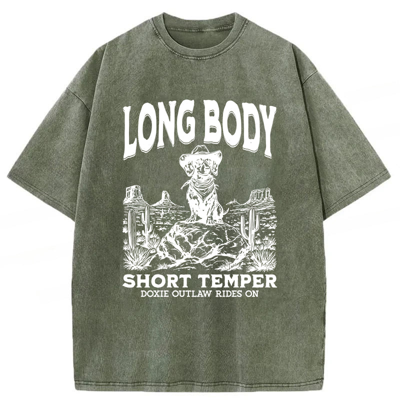 Long Body Short Temper Funny Dachshund Cowboy Washed Unisex Tee