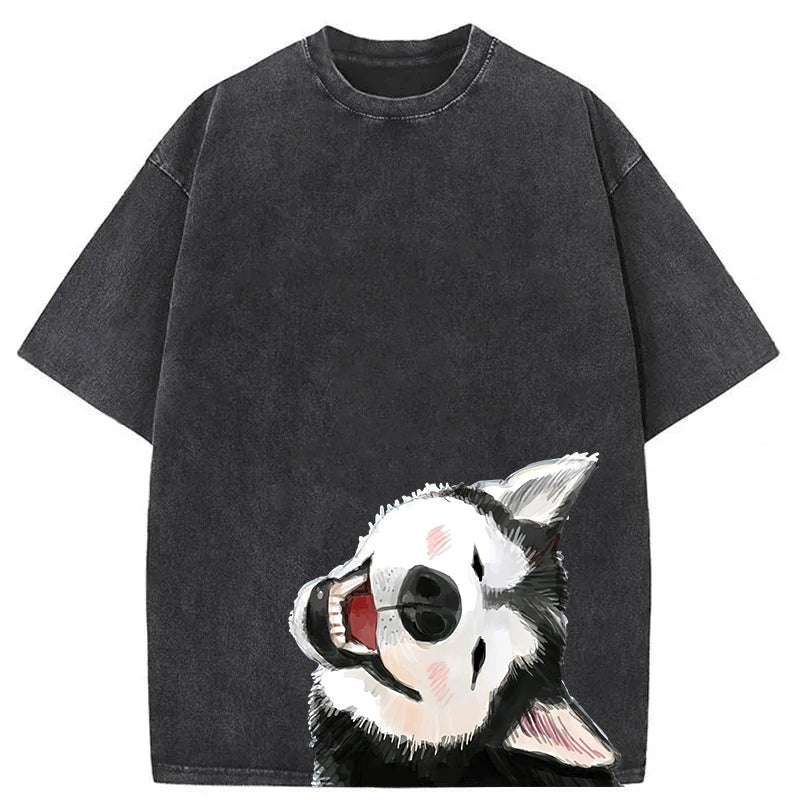 Funny Husky Drawing Washed Unisex Tee