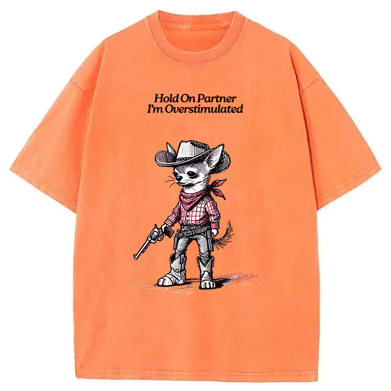 Hold On Partner I'm Overstimulated Washed Unisex Tee