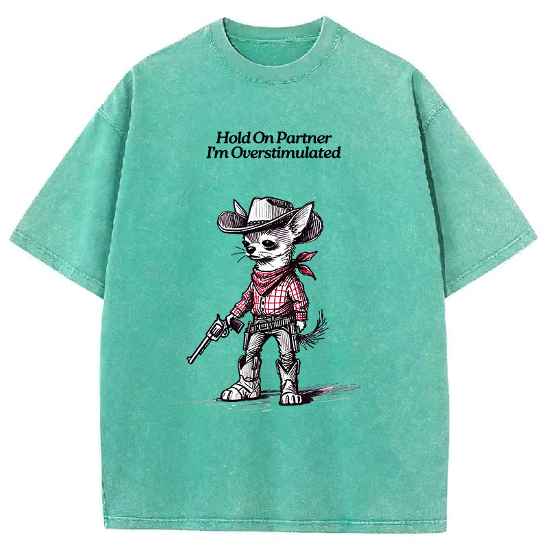 Hold On Partner I'm Overstimulated Washed Unisex Tee