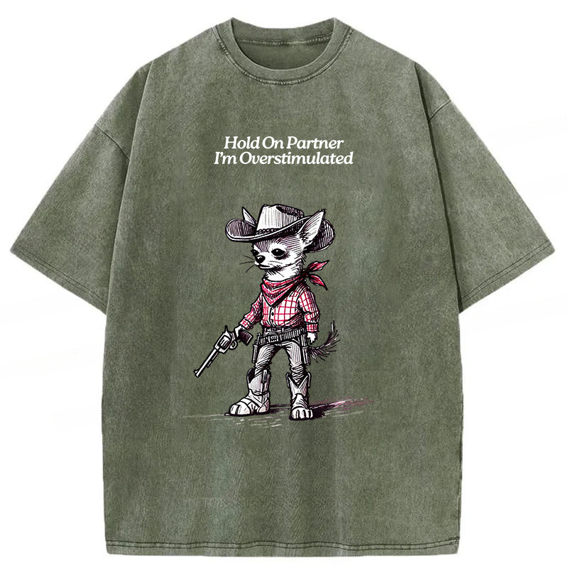 Hold On Partner I'm Overstimulated Washed Unisex Tee
