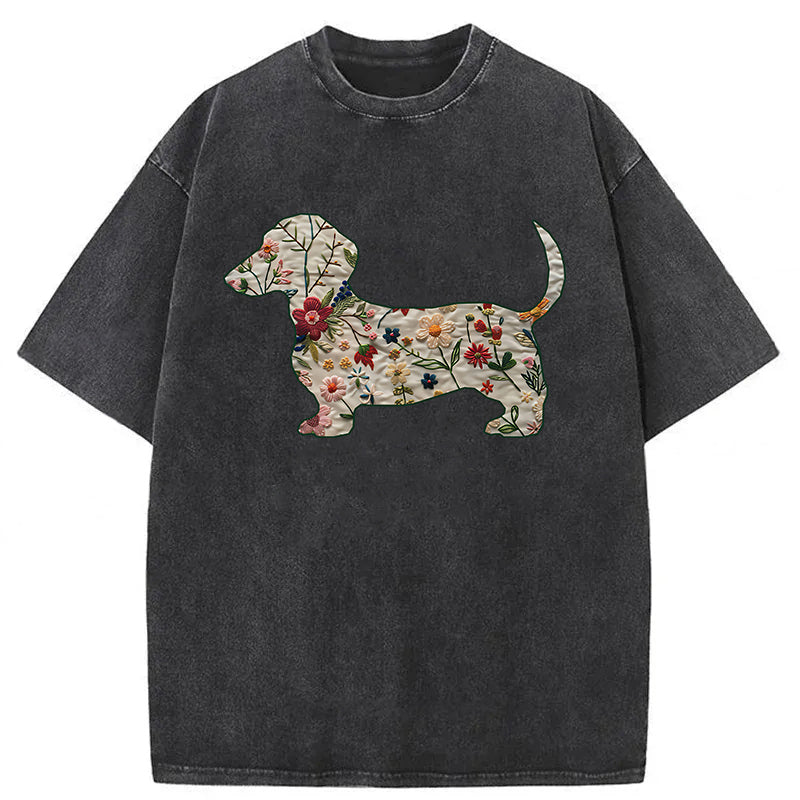 Floral Dachshund Washed Unisex Tee