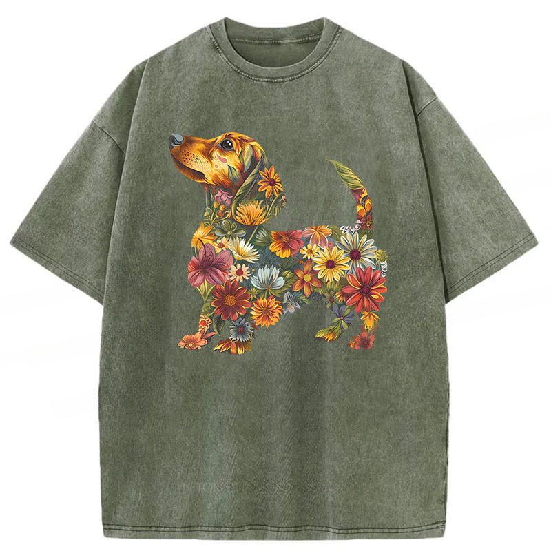 Floral Dachshund Washed Unisex Tee