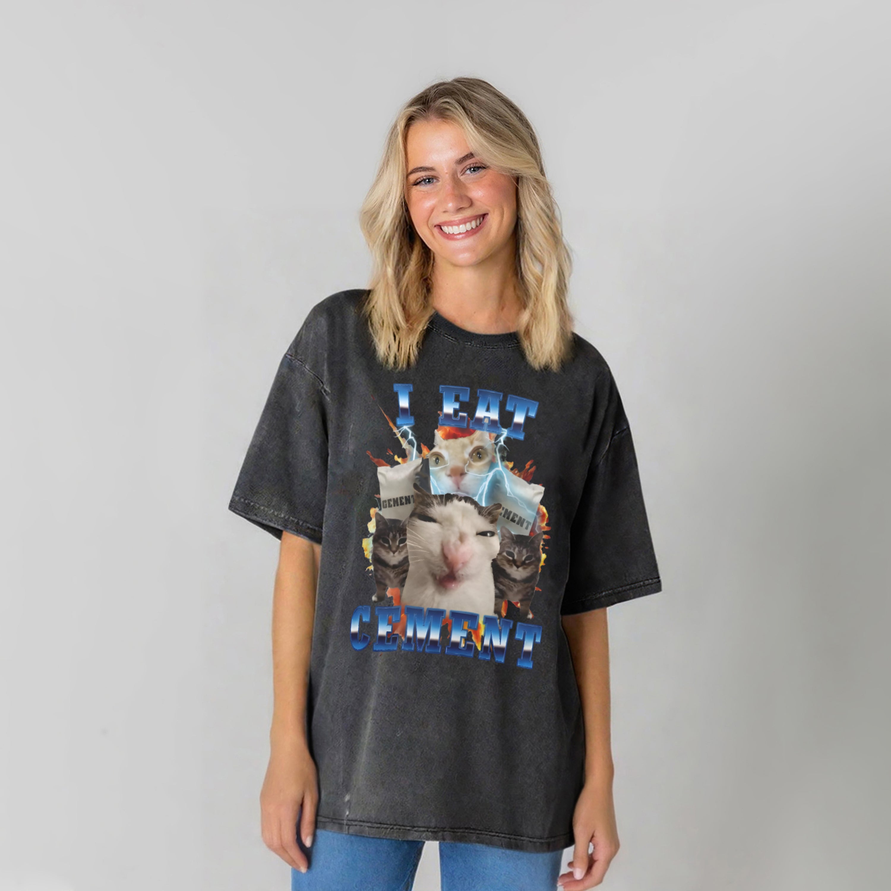 I Eat Cement Funny Cat Washed Unisex Tee