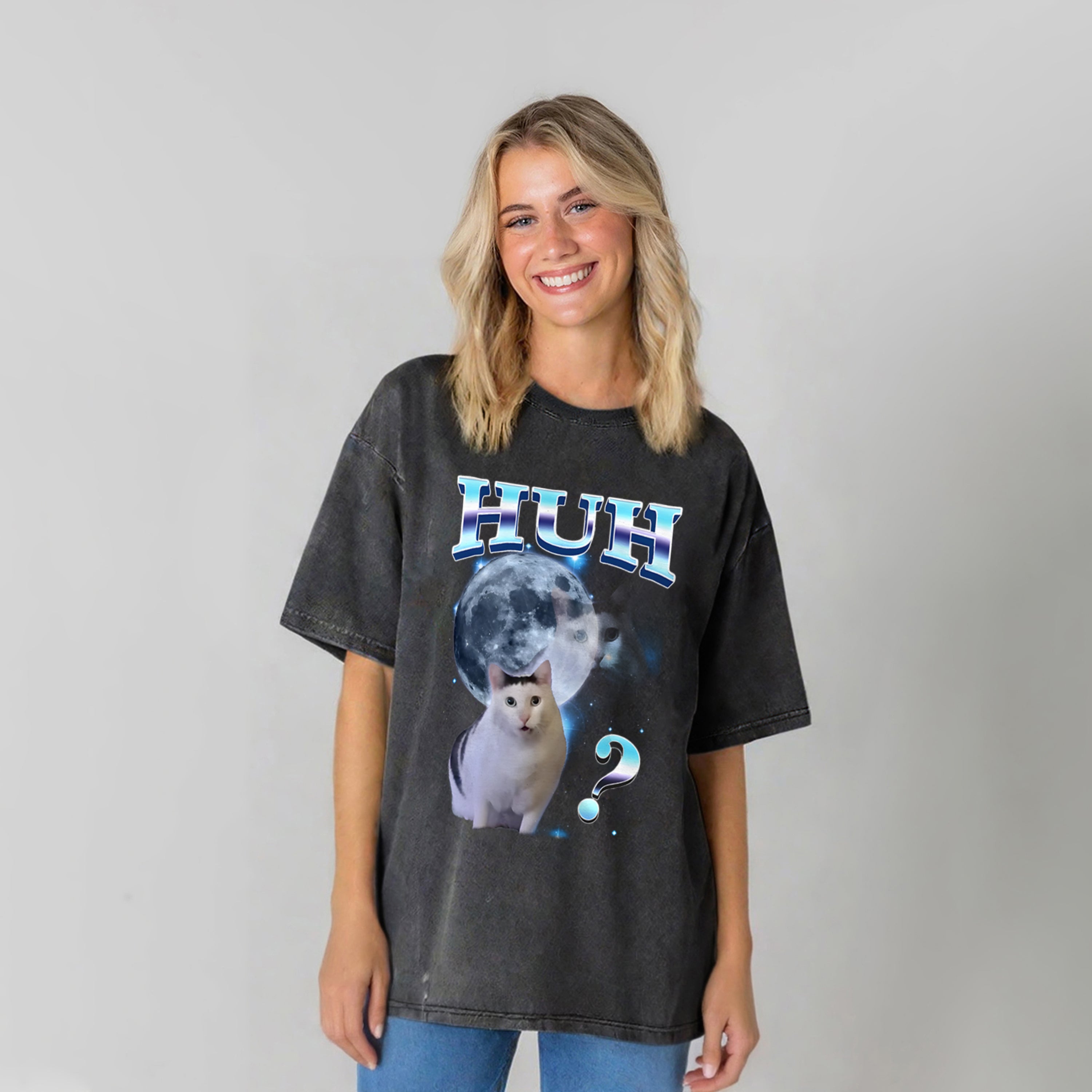HUH Funny Dank Cat Meme Washed Unisex Tee