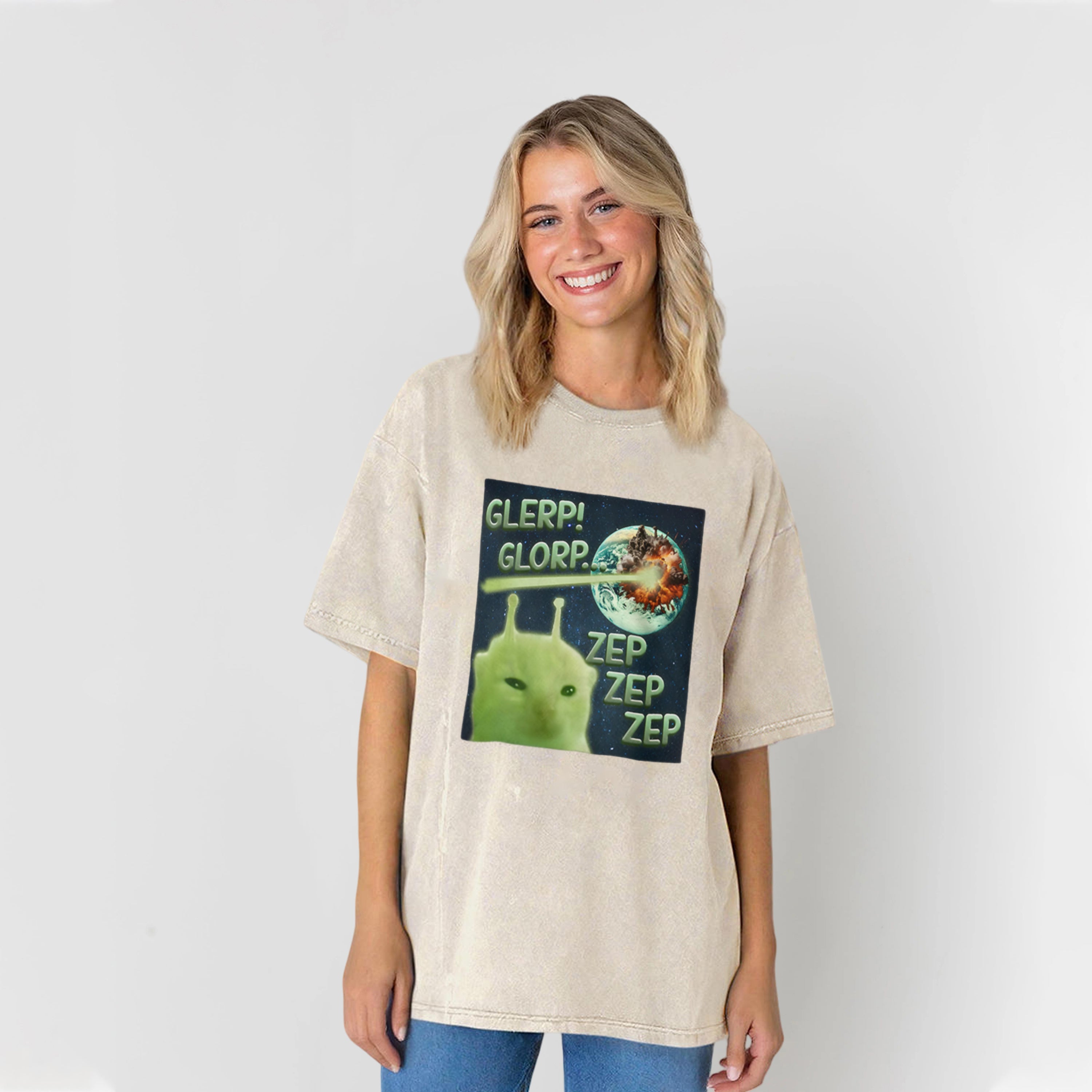 Glerp Glorp Funny Alien Cat Meme Washed Unisex Tee