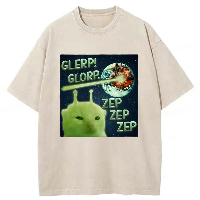 Glerp Glorp Funny Alien Cat Meme Washed Unisex Tee