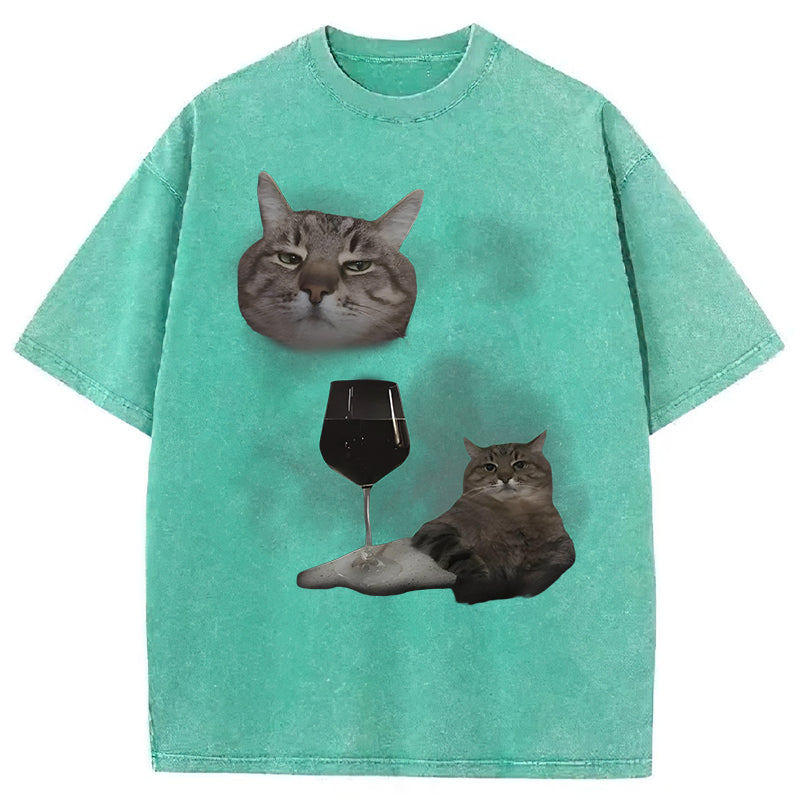 Funny Wine Cat Dank Meme Washed Unisex Tee