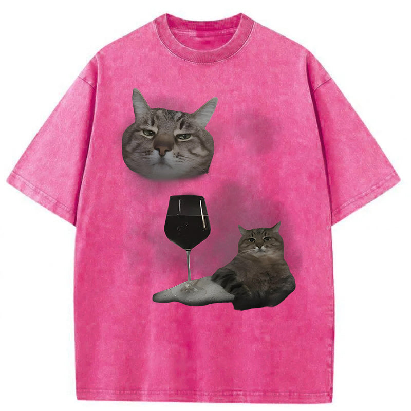 Funny Wine Cat Dank Meme Washed Unisex Tee