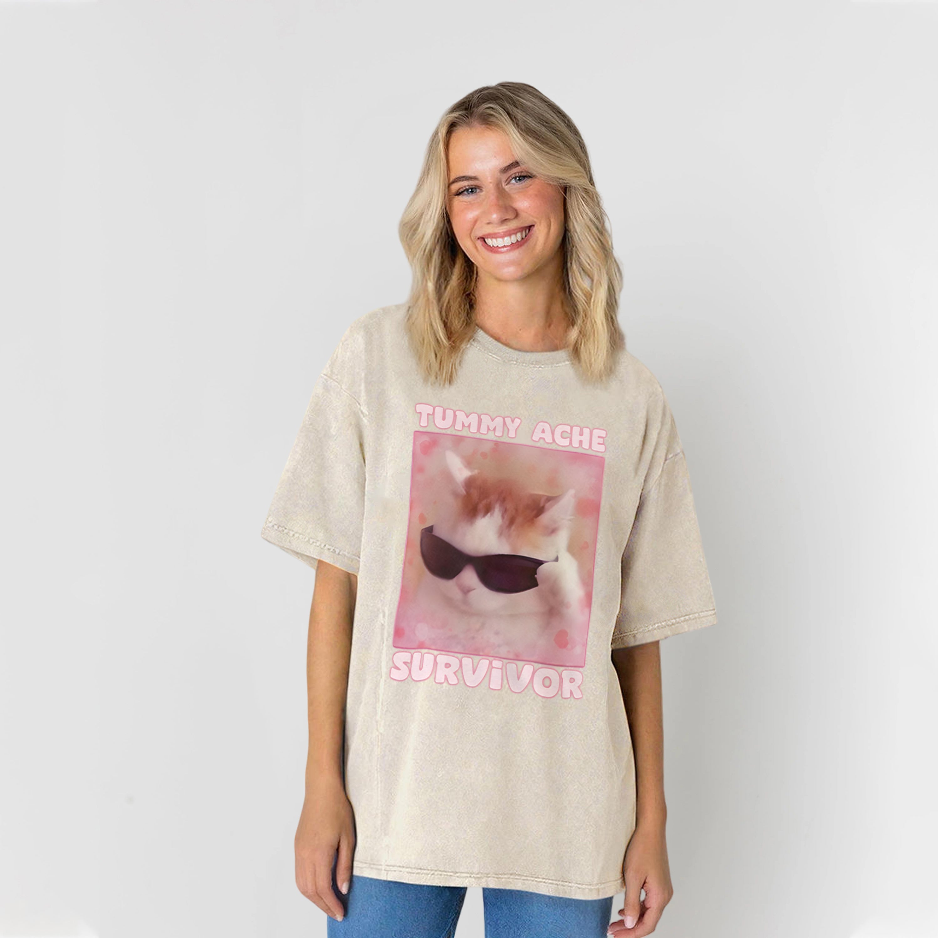 Tummy Ache Survivor Funny Cat Meme Washed Unisex Tee
