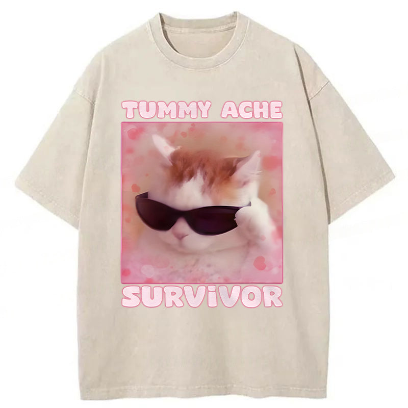 Tummy Ache Survivor Funny Cat Meme Washed Unisex Tee
