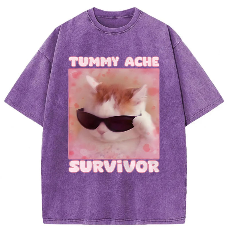 Tummy Ache Survivor Funny Cat Meme Washed Unisex Tee