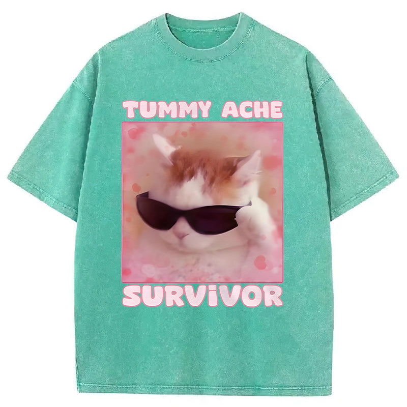 Tummy Ache Survivor Funny Cat Meme Washed Unisex Tee