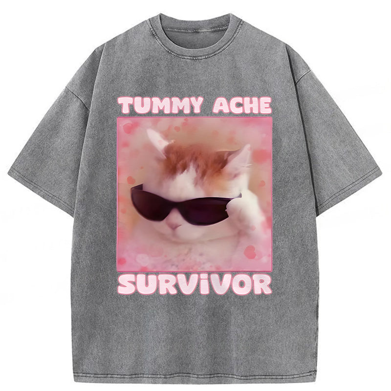 Tummy Ache Survivor Funny Cat Meme Washed Unisex Tee