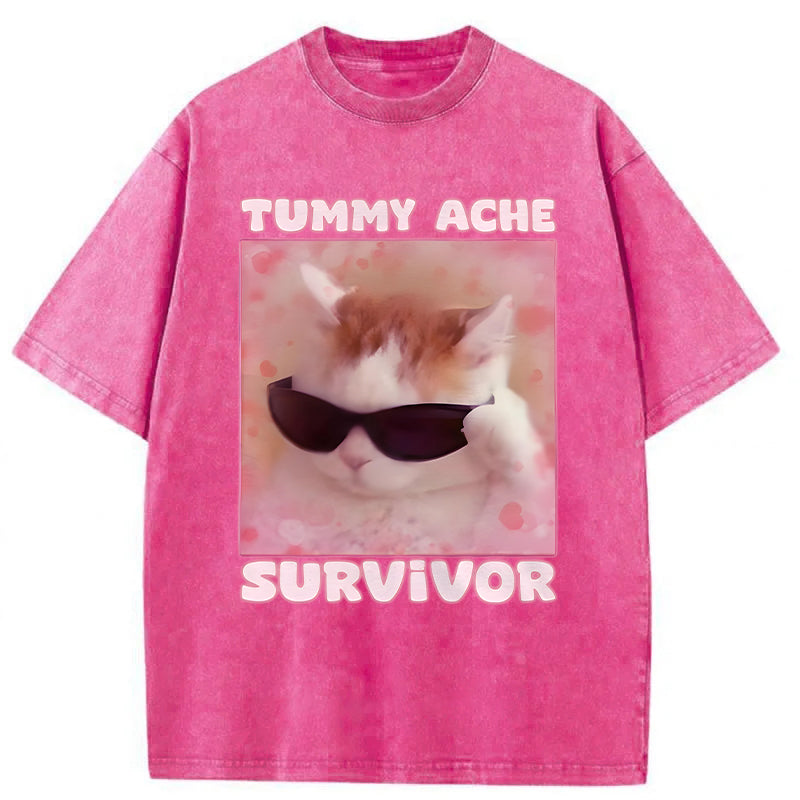 Tummy Ache Survivor Funny Cat Meme Washed Unisex Tee