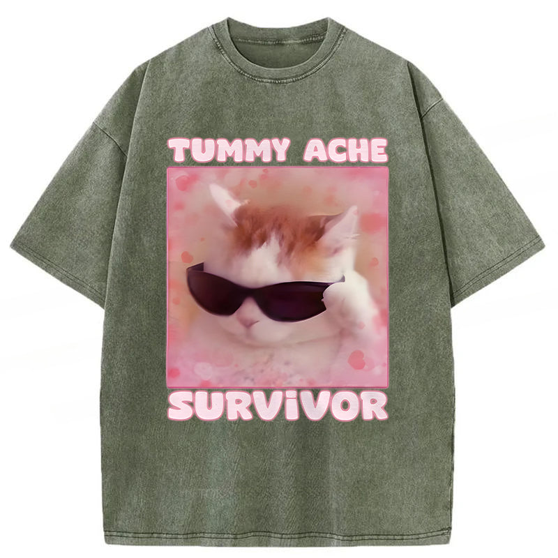 Tummy Ache Survivor Funny Cat Meme Washed Unisex Tee