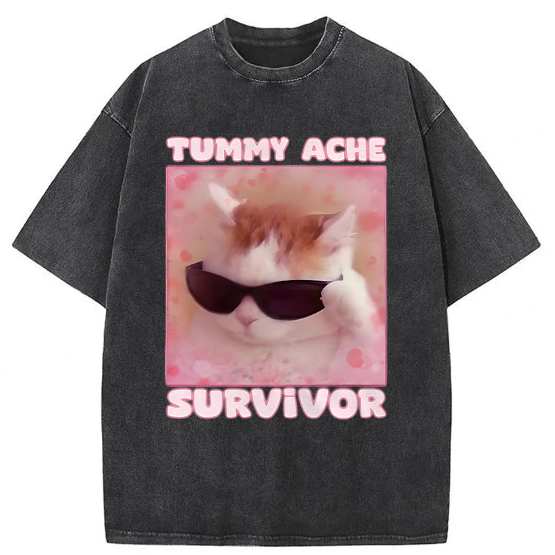 Tummy Ache Survivor Funny Cat Meme Washed Unisex Tee