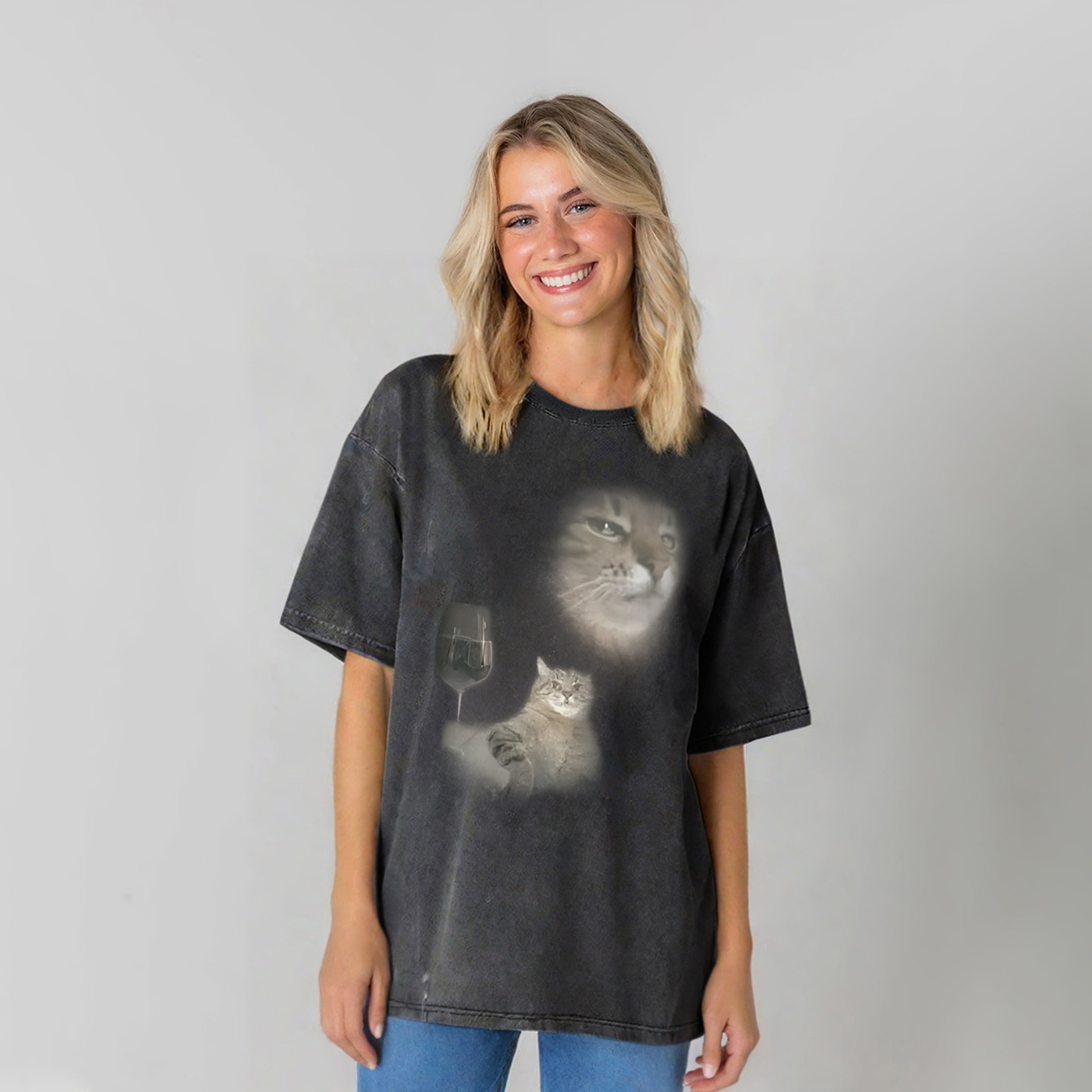 Funny Cat Drinking Wine Graphic Washed Unisex Tee