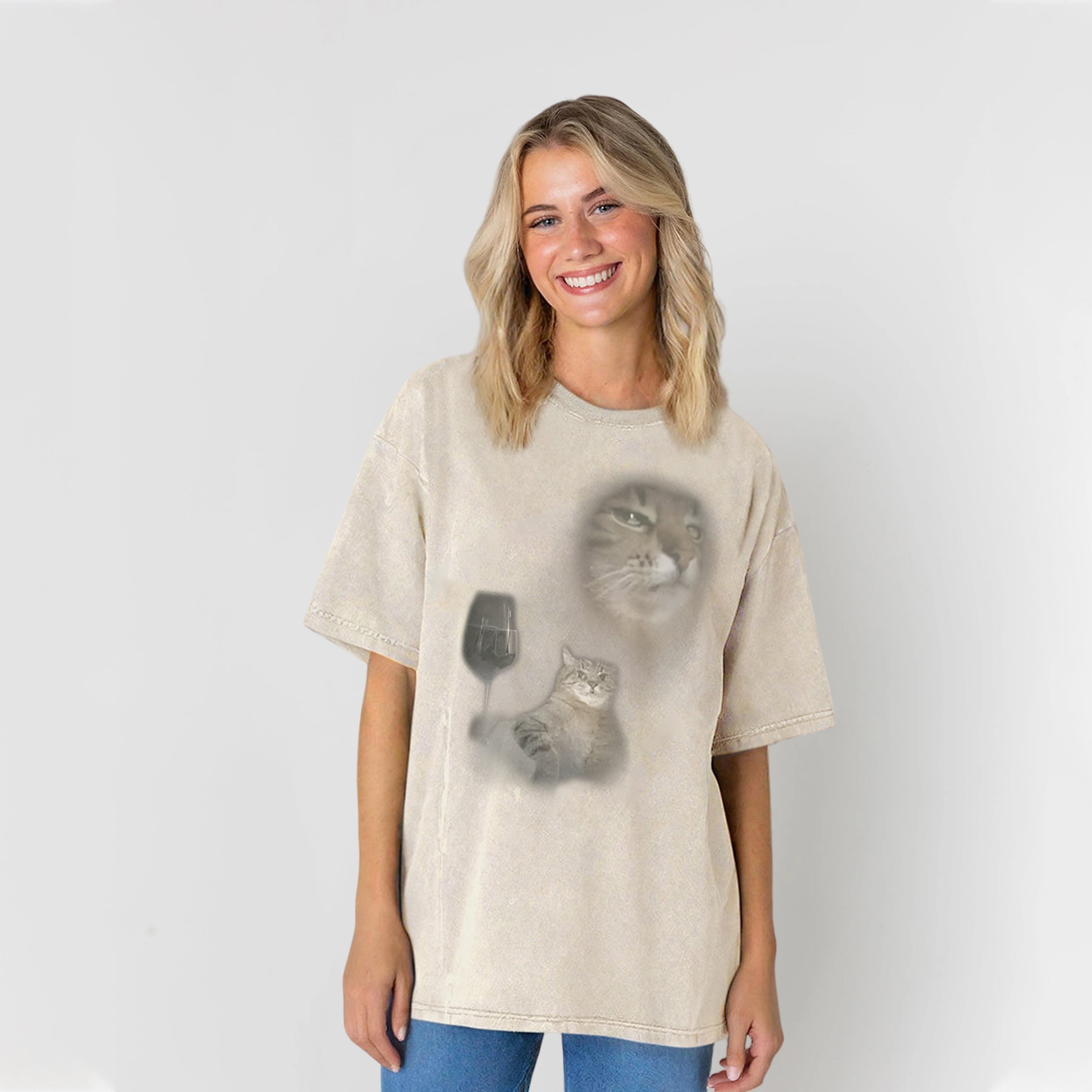Funny Cat Drinking Wine Graphic Washed Unisex Tee